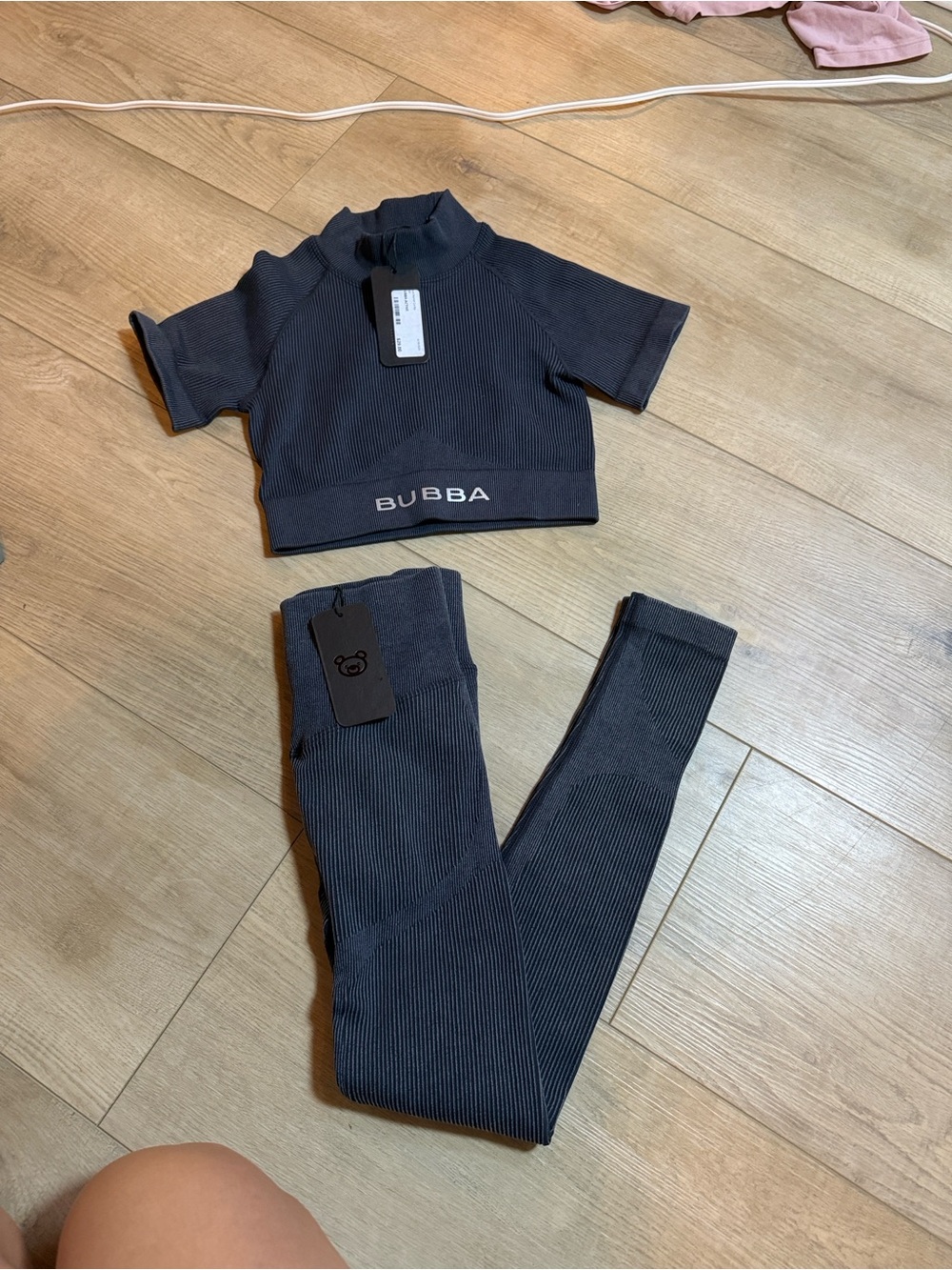 BUBBA Women's Ribbed Active Leggings & Cropped Top Set in Navy Charcoal